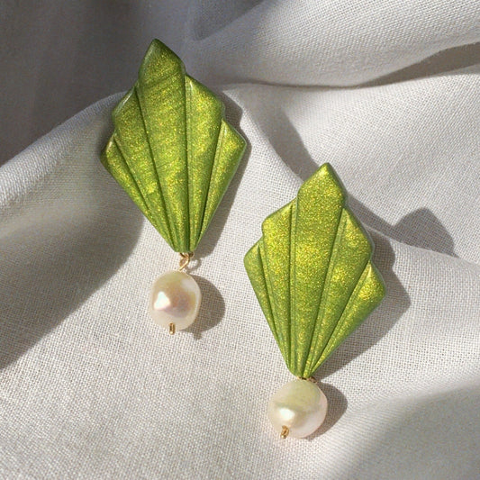 Handmade polymer clay earrings in Chartreuse, using 14k gold-filled wire and 925 sterling silver post