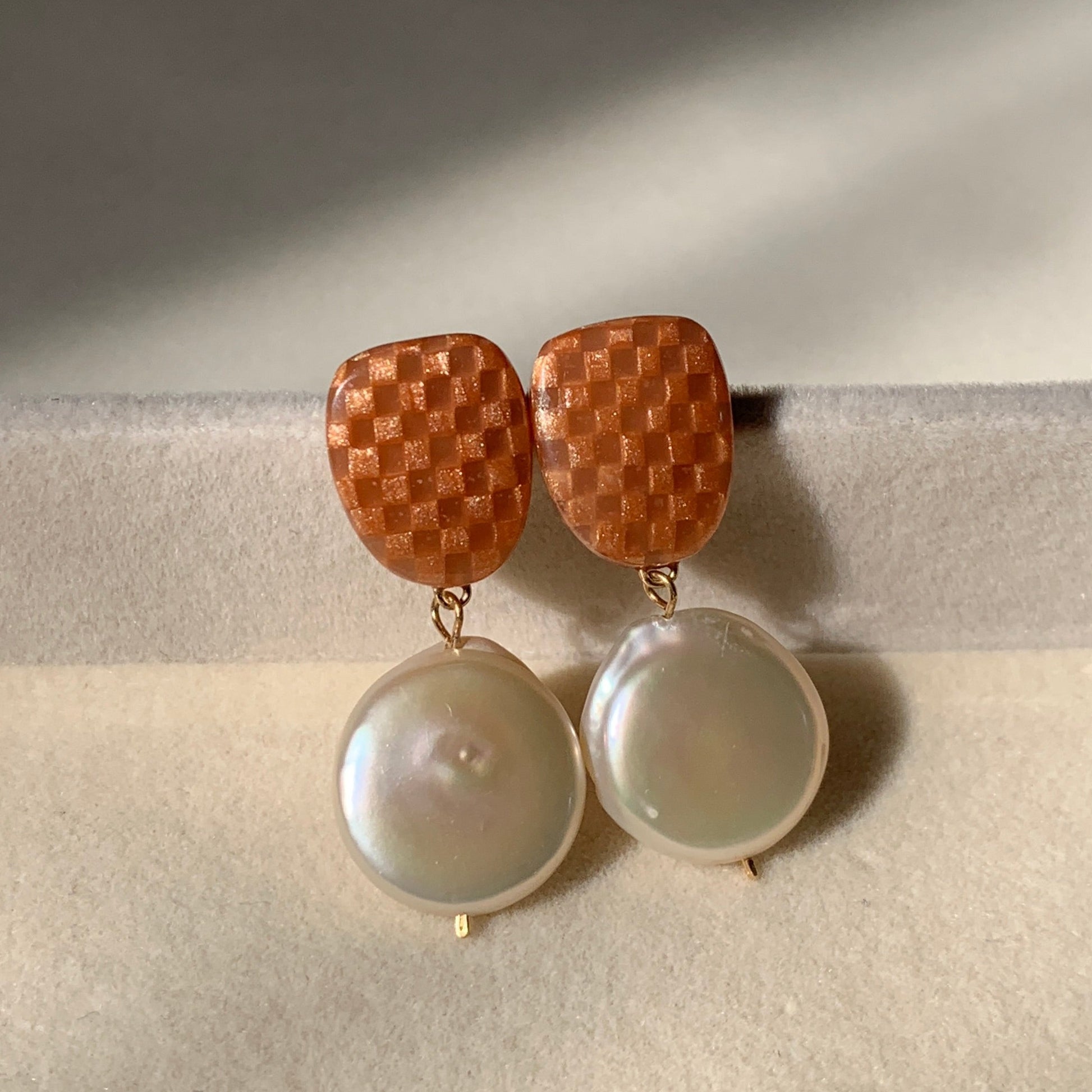 copper handmade polymer clay earrings with white baroque pearls, using 14k gold-filled wire and 925 sterling silver post