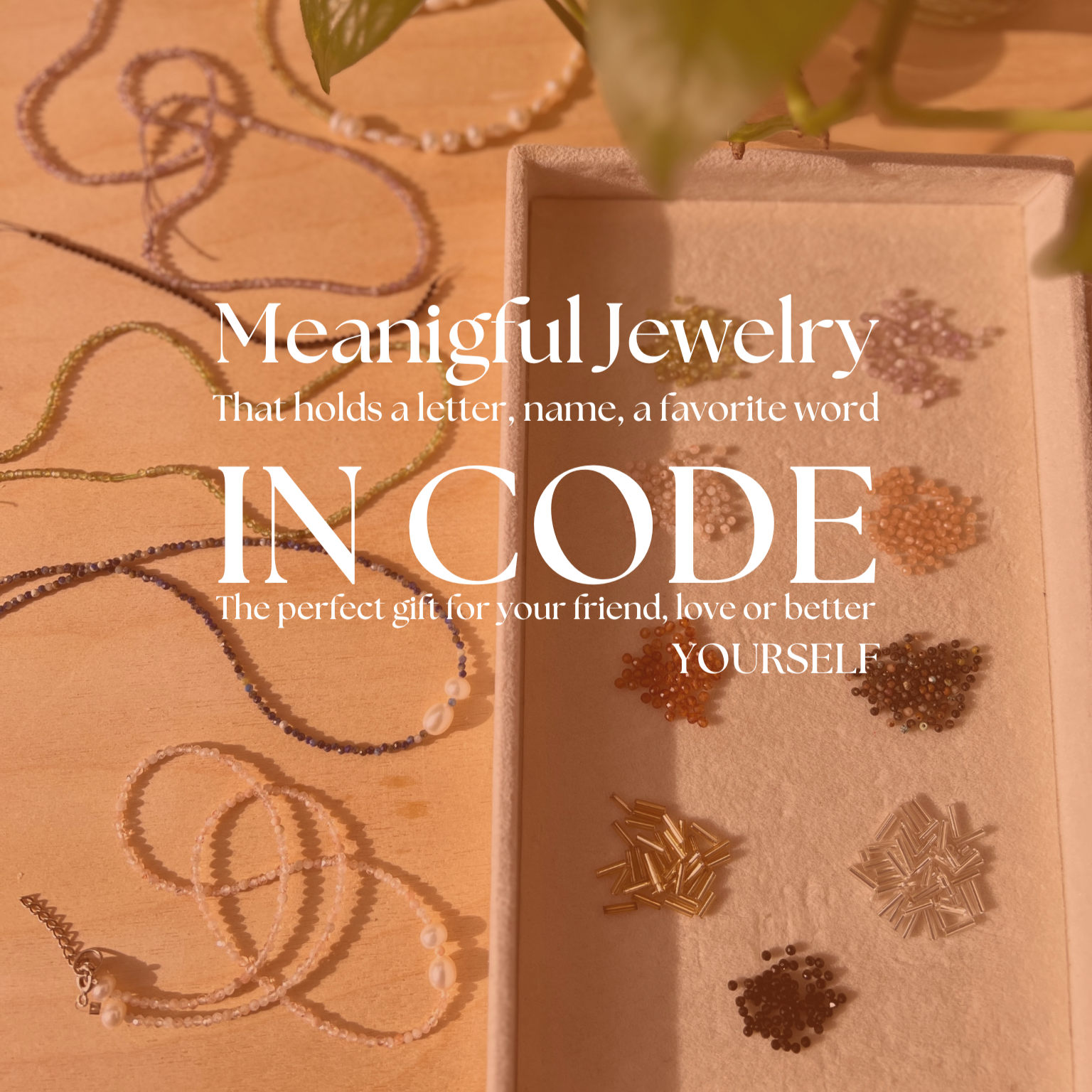 A promotional image featuring a necklace and bracelet with beads arranged in Morse code, accompanied by text describing the product as meaningful jewelry that holds a secret message.