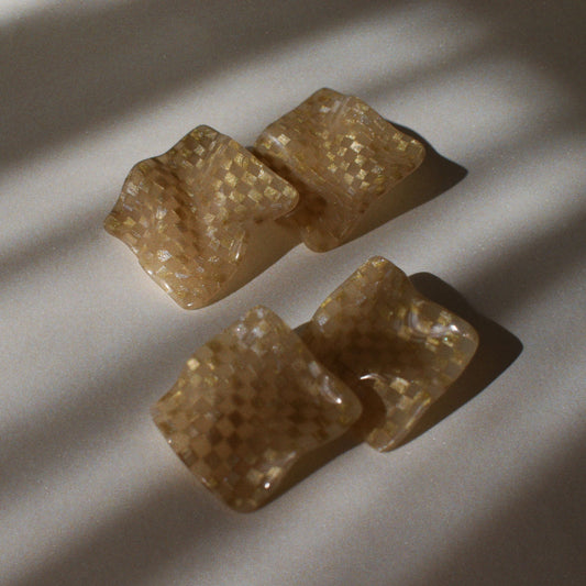 checkered handmade polymer clay earrings in a wavy shape, Handmade in Egypt