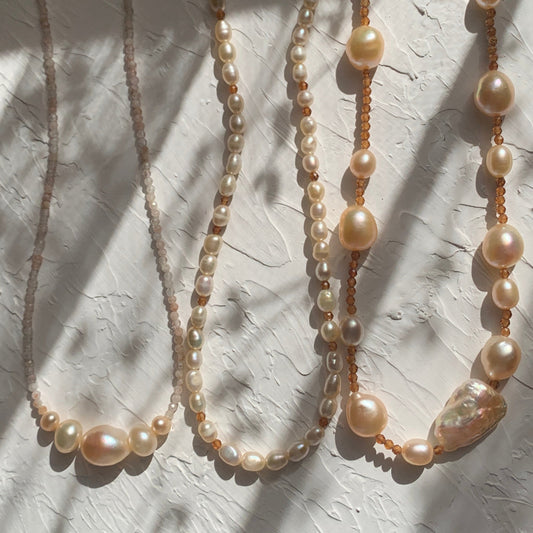 cordelia 2 - natural pearls and sun stones necklace in orange - 925 sterling silver findings - crafted by Mariz in Egypt